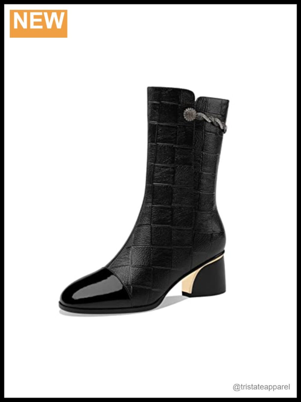Chunky Heel Mid-Calf Boots Round Toe Side Zip Rhinestone Glitter Leather